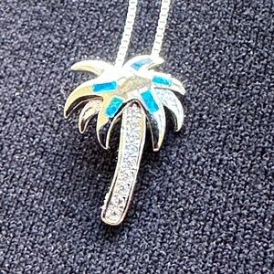 Tropical Palm Tree Sterling Silver and Rhodium Pendant Necklace